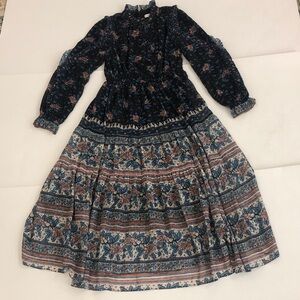 MEENA S Dress Floral Long Sleeve Boho Maxi Dk Blue Dusty Rose Excellent Conditio